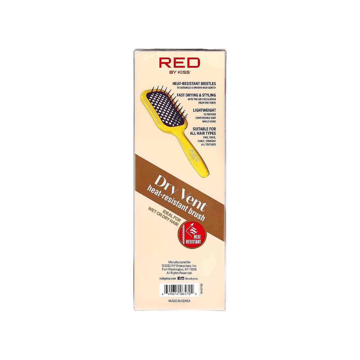 RED by Kiss Dry Vent Heat-Resistant Hair Brush, Detangling Fast Blow Drying for Wet Dry Curly Thick Straight Hair, Vented Detangler for Women Men Children Kids (Yellow)