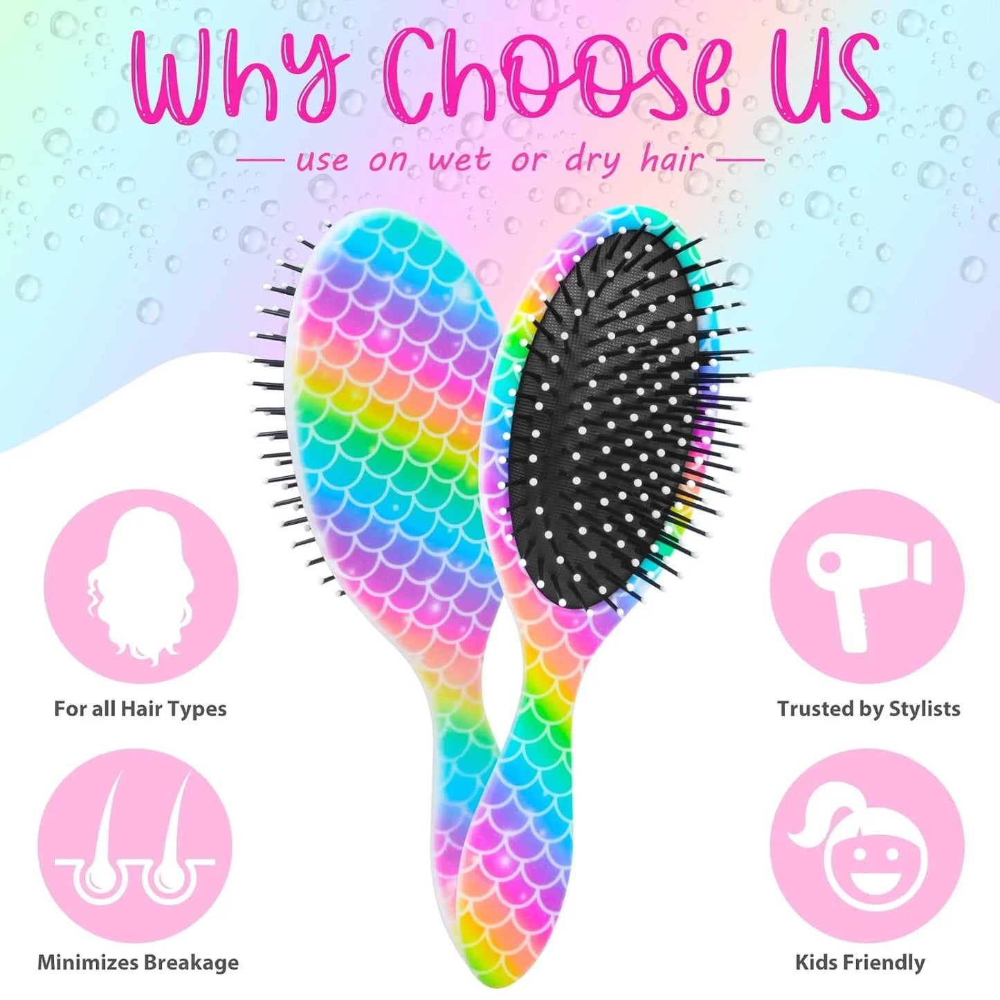 Girls Detangling Brush for Curly, Wet/Dry, and Thick Hair - Pain-Free Mermaid Tail Design for Kids and Women