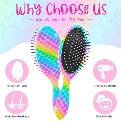 Girls Detangling Brush for Curly, Wet/Dry, and Thick Hair - Pain-Free Mermaid Tail Design for Kids and Women