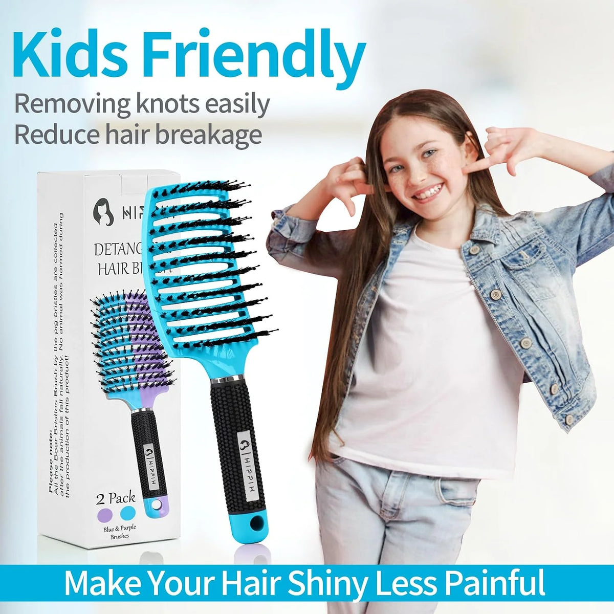 HIPPIH Boar Bristle Hair Brush Set of 2, Detangling Smoothing for Wet & Dry