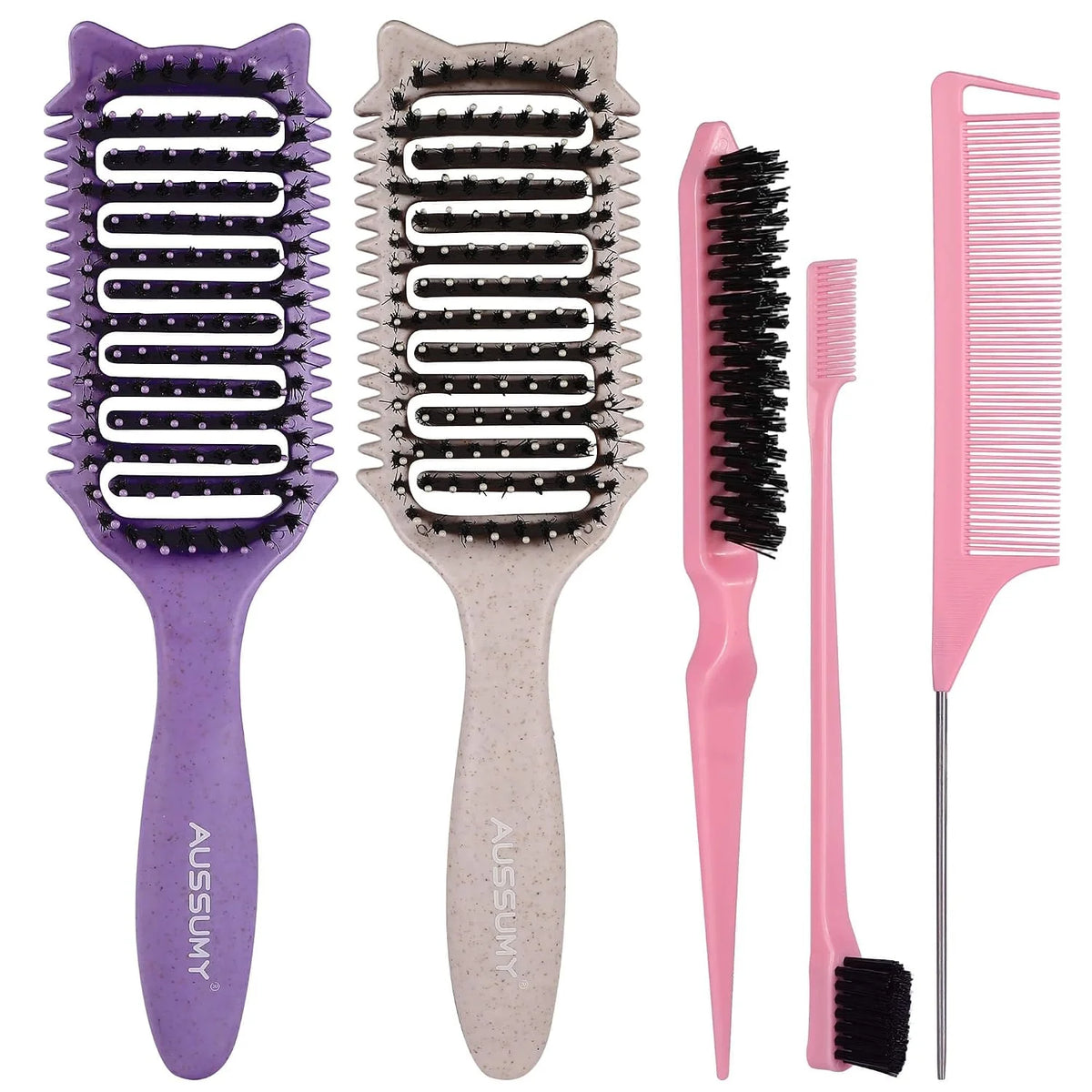 2 Pack Curly Defining & Detangling Brush - With Boar Bristle & 3 Styling Comb Tools – Shine to Shape & Define Natural Curl Waves & Coils - Vented Anti-Frizz Wet or Dry Hair for Women Men Kids