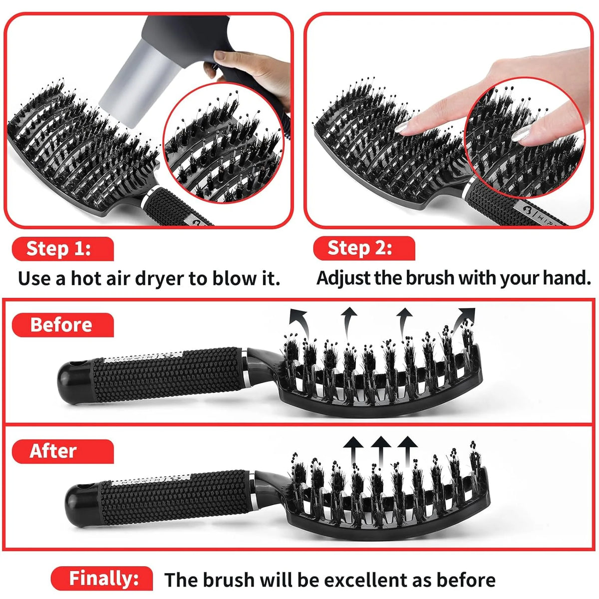 HIPPIH Boar Bristle Hair Brush Set of 2, Detangling Smoothing for Wet & Dry