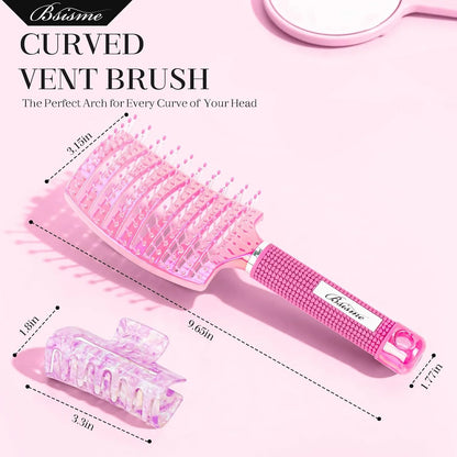Boar Bristle Hair Brush Curved Vented Detangler Brush Faster Blow Drying, Paddle Detangling Brush for Women Men Kids Wet Dry Long Curly Thick Straight Hair, Make Hair Shiny and Healthier(Purple+Green)