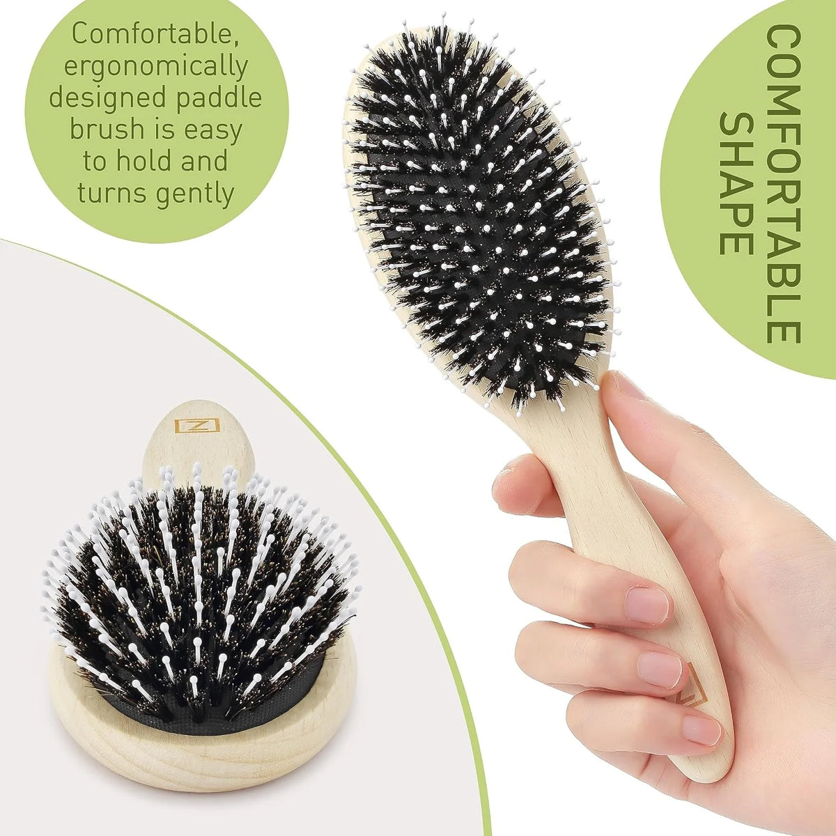 Natural Boar Bristle Hair Brush for Women, Men, Kids; Dry and Wet Detangling Hair Brush Gently Enhances Shine, Smooths Frizz and Prevents Breakage in Fine and Straight, Thick and Curly Hair (oval)