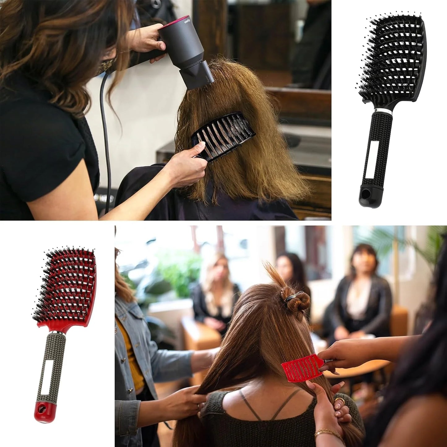 2 PACK Boar Bristle Hair Brush No Pull Curved Vented Hair Brushes Detangler Brush Fast Blow Drying Hair Brush for Kids Men Women Wet Dry Long Thin Thick Curly Tangled Hair (pink+green)