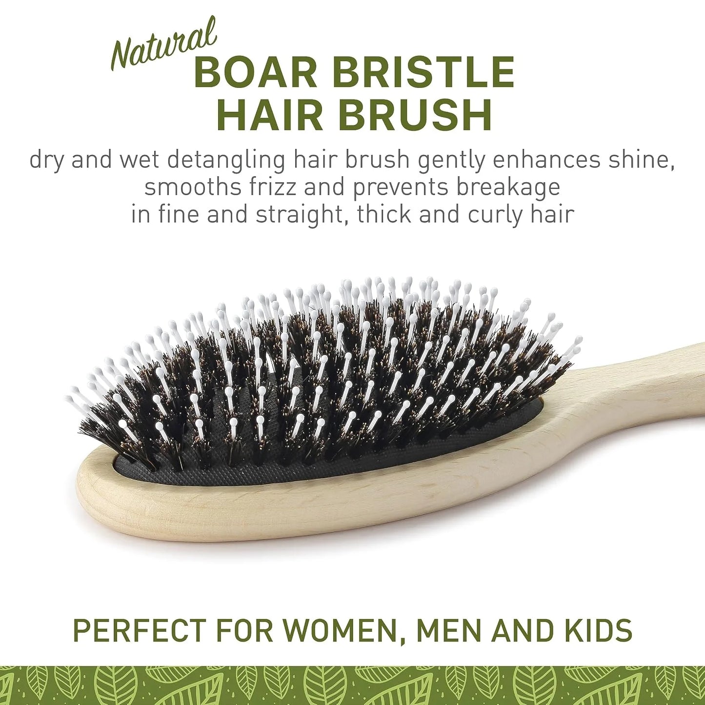 Natural Boar Bristle Hair Brush for Women, Men, Kids; Dry and Wet Detangling Hair Brush Gently Enhances Shine, Smooths Frizz and Prevents Breakage in Fine and Straight, Thick and Curly Hair (oval)