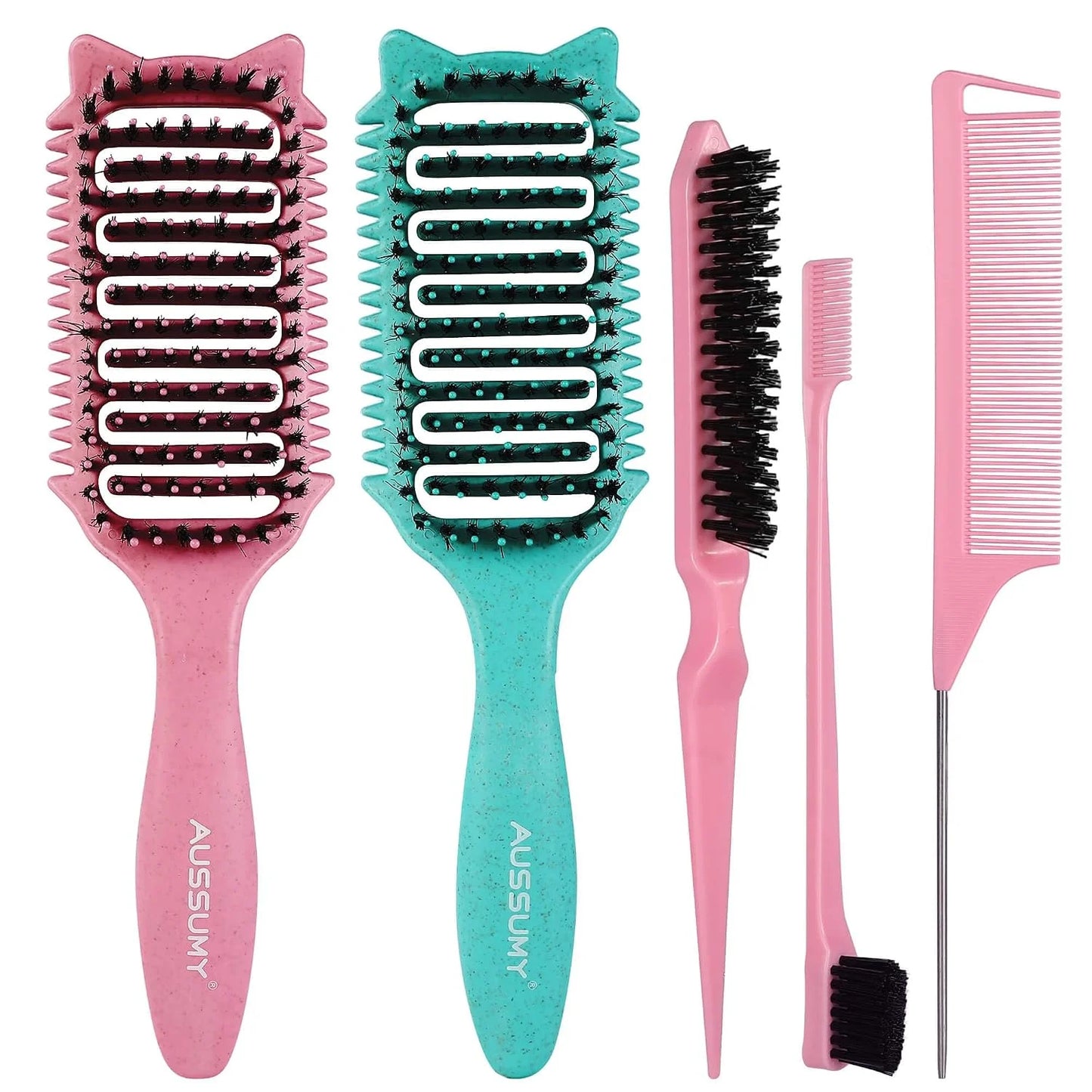 2 Pack Curly Defining & Detangling Brush - With Boar Bristle & 3 Styling Comb Tools – Shine to Shape & Define Natural Curl Waves & Coils - Vented Anti-Frizz Wet or Dry Hair for Women Men Kids