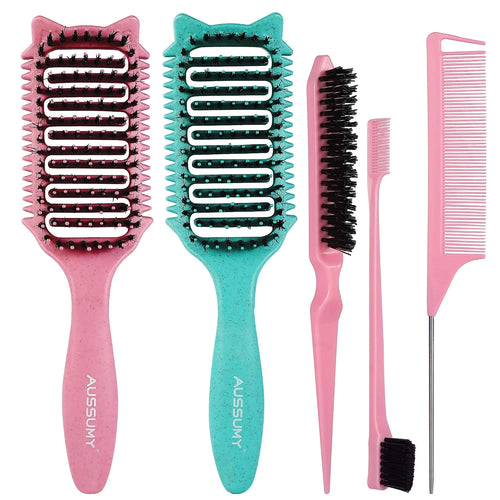 2 Pack Curly Defining & Detangling Brush - With Boar Bristle & 3 Styling Comb Tools – Shine to Shape & Define Natural Curl Waves & Coils - Vented Anti-Frizz Wet or Dry Hair for Women Men Kids