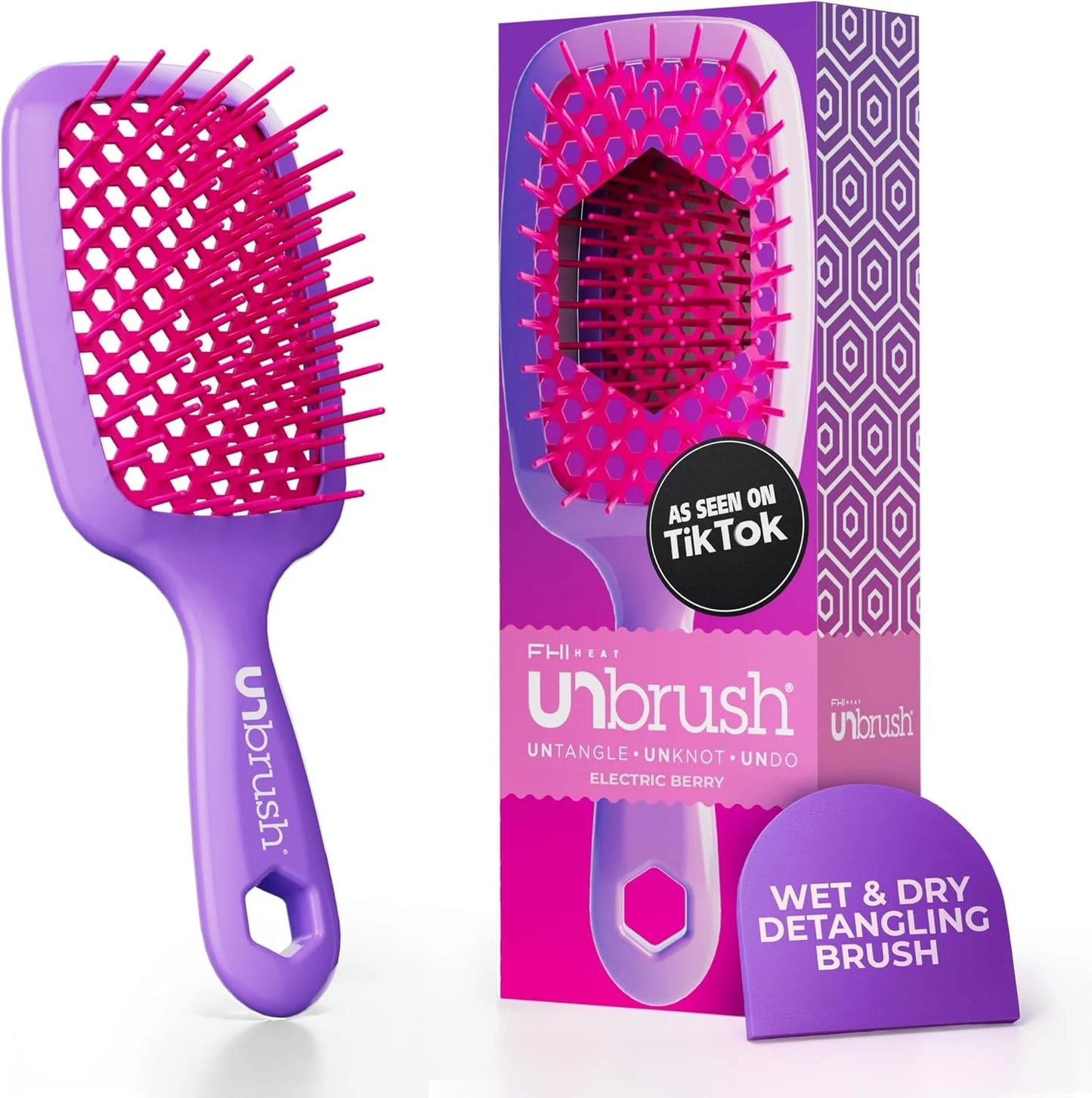 FHI Heat UNbrush Detangling Brush for Pain-Free Brushing on All Wet or Dry Hair Types — Durable DuoFlex Anti-Static Bristles, Lightweight Handle, Vented Hair Brush
