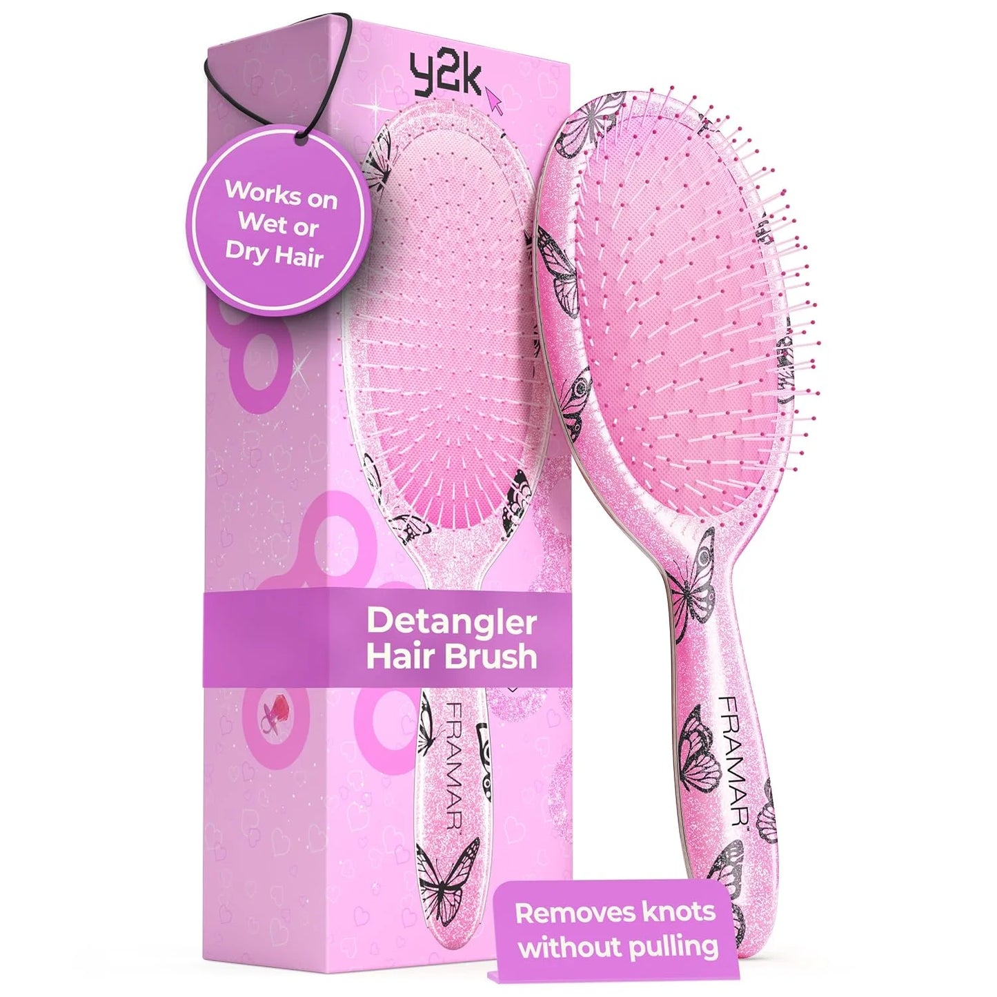 FRAMAR Checkered Hair Brush Detangler, Wet Hair Brushes For Women – Pink