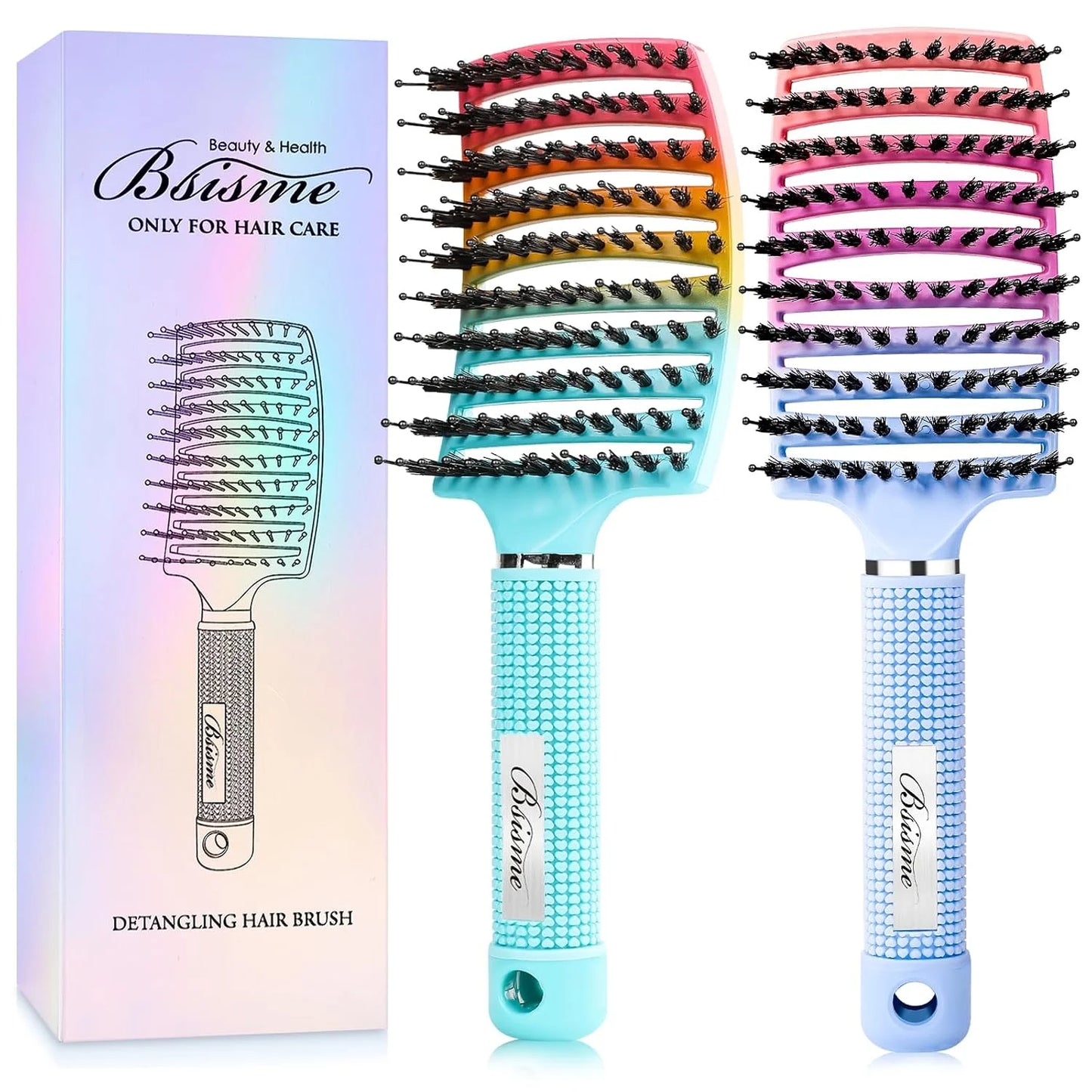 Boar Bristle Hair Brush Curved Vented Detangler Brush Faster Blow Drying, Paddle Detangling Brush for Women Men Kids Wet Dry Long Curly Thick Straight Hair, Make Hair Shiny and Healthier(Purple+Green)