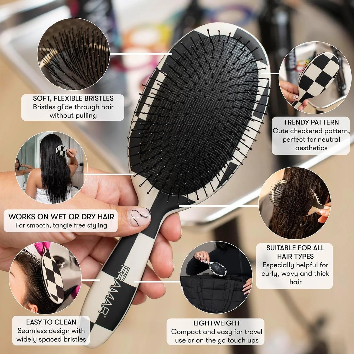 FRAMAR Checkered Hair Brush Detangler, Wet Hair Brushes For Women – Pink
