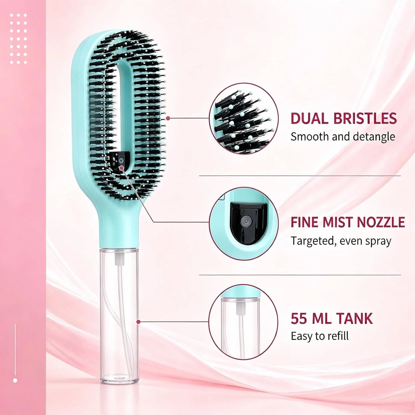 2-in-1 Hair Brush with Water Spray Mister, Fine Mist Spray Brush for Hair Detangling Wet & Dry, Liquid Spraying Hairbrush for Curly Thick Hair & Kids (Sky Blue)