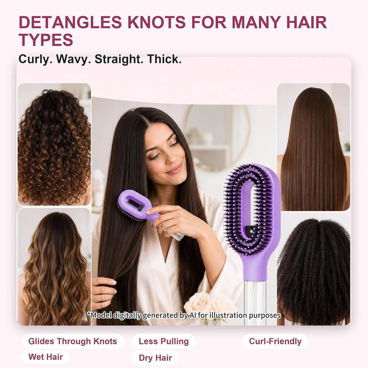 Hair Brush with Water Spray, 2-in-1 Misting Detangler for Curly Hair