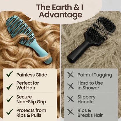 Earth & I Pain-Free Flex Detangler: Wet/Dry Curly Hair Brush, Teal Blue
