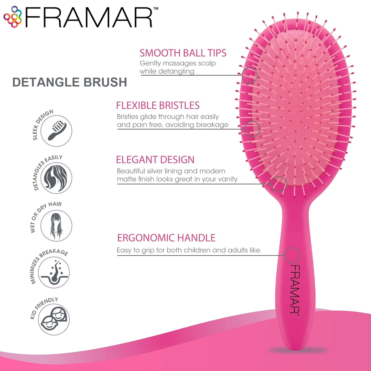 FRAMAR Checkered Hair Brush Detangler, Wet Hair Brushes For Women – Pink