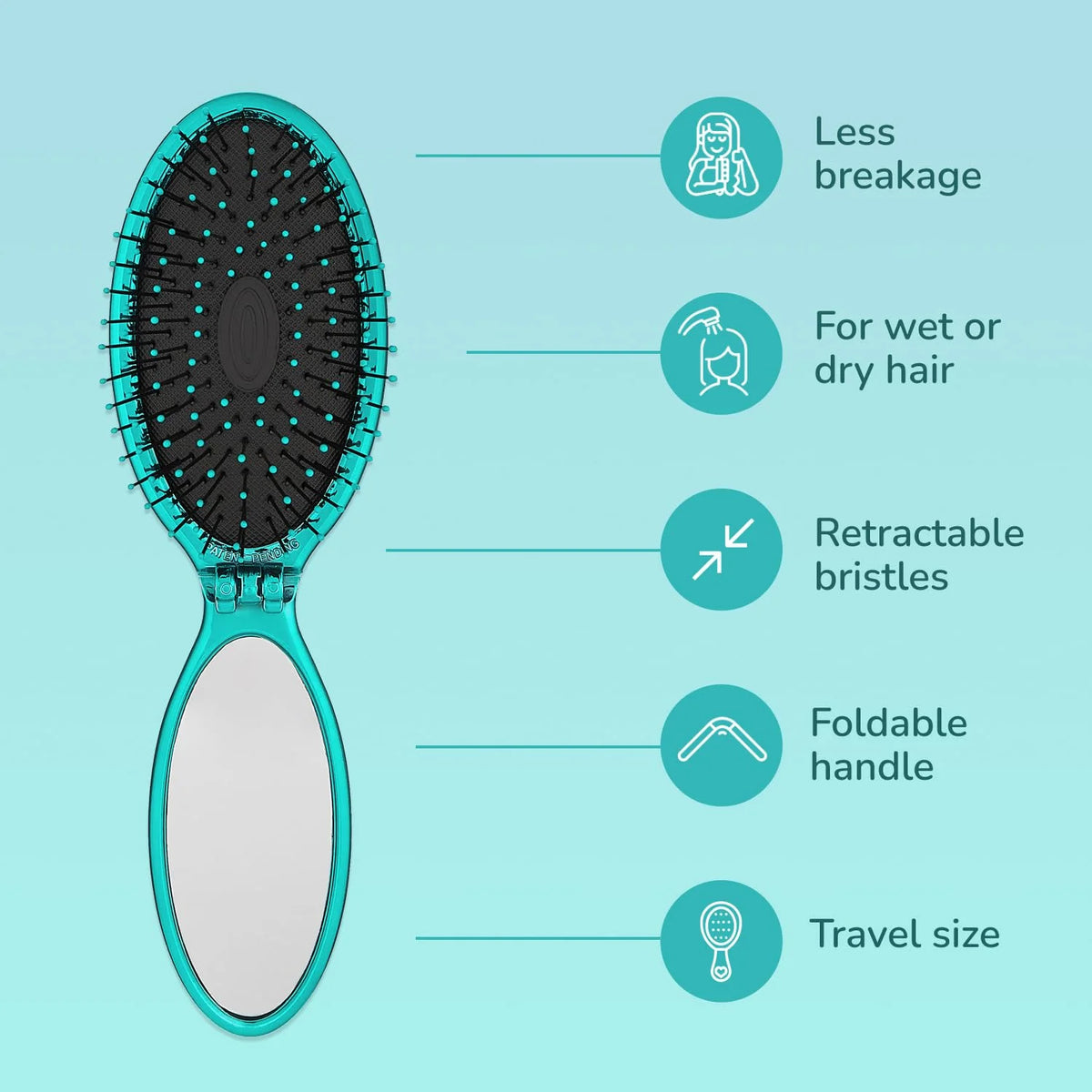 Wet Brush Pop Go Detangler, Blue Teal - Foldable, On-The-Go Design, Travel Brush, Ultrasoft IntelliFlex Bristles, Detangling Hairbrush, Built-In Mirror Handle, Wet & Dry, All Hair Types (Pack of 2)