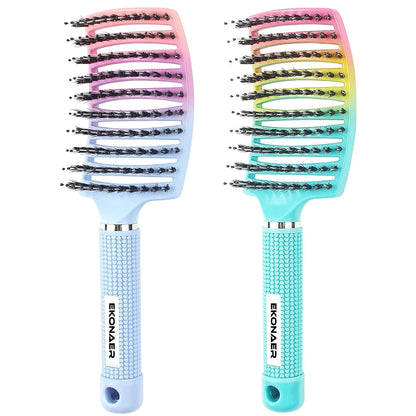 2 Pack Detangling Brush Getting Knots Out without Pain Adds Shine and Makes Hair Smooth,Detangler Boar Bristle Hair Brush for Adult & Kids Wet or Dry Hair(Green&Pink)