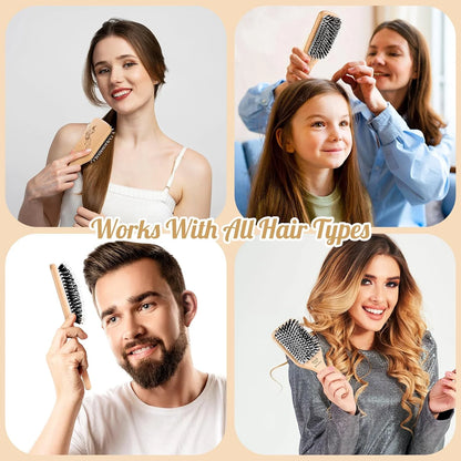 URTHEONE Hair Brush,Boar Bristle Hair Brushes and Styling Comb Set for Women Men Kids, Best Natural Wooden Paddle Hairbrush for Wet or Dry Hair Detangling Smoothing Massaging