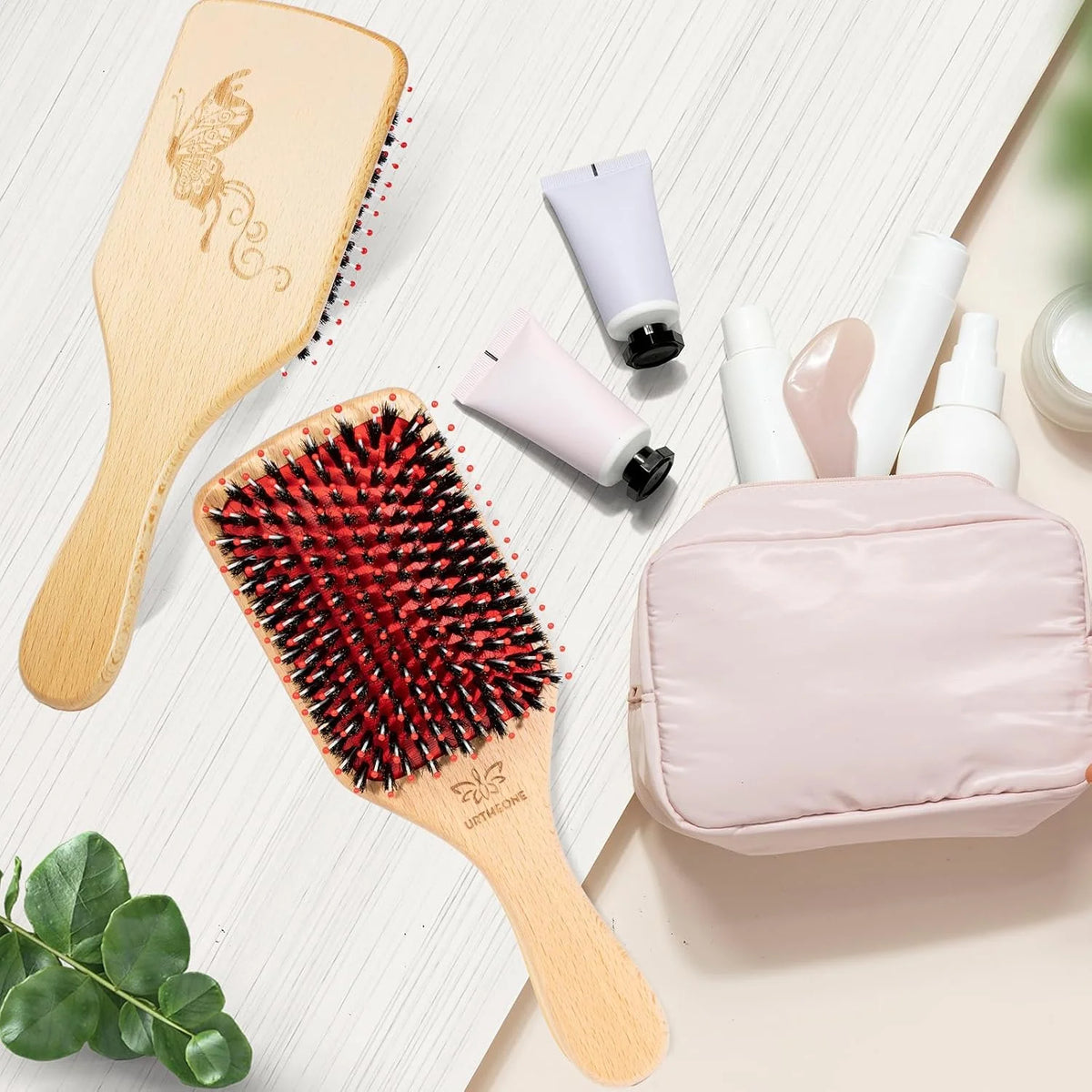 URTHEONE Hair Brush,Boar Bristle Hair Brushes and Styling Comb Set for Women Men Kids, Best Natural Wooden Paddle Hairbrush for Wet or Dry Hair Detangling Smoothing Massaging