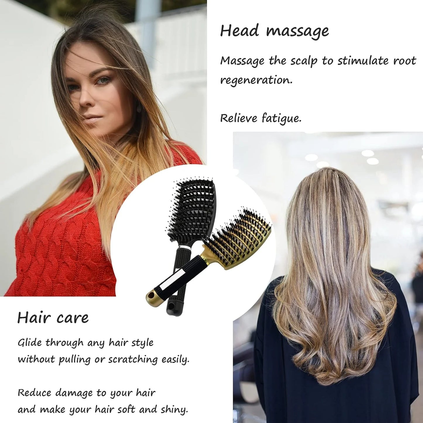 2 PACK Boar Bristle Hair Brush No Pull Curved Vented Hair Brushes Detangler Brush Fast Blow Drying Hair Brush for Kids Men Women Wet Dry Long Thin Thick Curly Tangled Hair (pink+green)