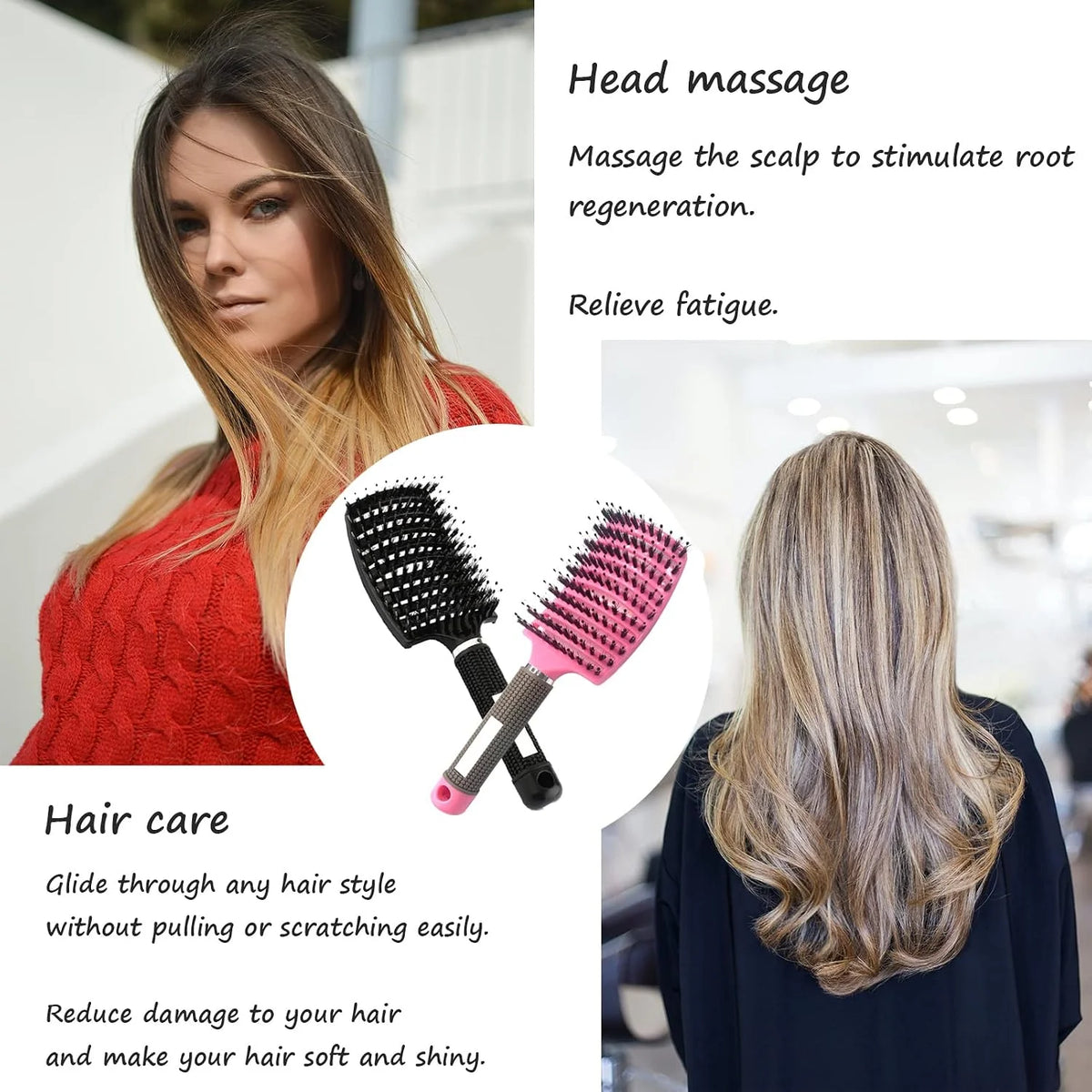 2 PACK Boar Bristle Hair Brush No Pull Curved Vented Hair Brushes Detangler Brush Fast Blow Drying Hair Brush for Kids Men Women Wet Dry Long Thin Thick Curly Tangled Hair (pink+green)