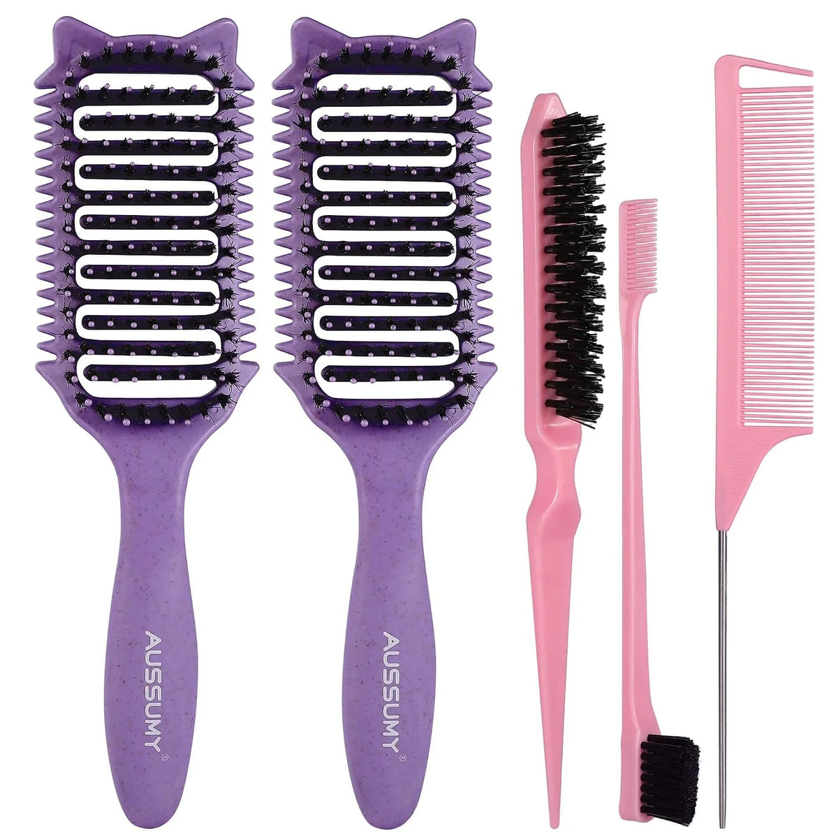 2 Pack Curly Defining & Detangling Brush - With Boar Bristle & 3 Styling Comb Tools – Shine to Shape & Define Natural Curl Waves & Coils - Vented Anti-Frizz Wet or Dry Hair for Women Men Kids
