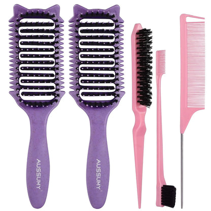 2 Pack Curly Defining & Detangling Brush - With Boar Bristle & 3 Styling Comb Tools – Shine to Shape & Define Natural Curl Waves & Coils - Vented Anti-Frizz Wet or Dry Hair for Women Men Kids