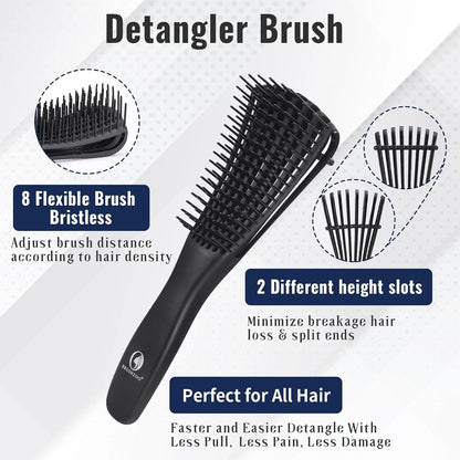 BRUSHZOO Detangling Brush with Hair Spray Bottle, Wide Tooth Comb for Women, Men, and Kids - 9 Row Brush with Detangler for Natural 3/4abc Curly Hair