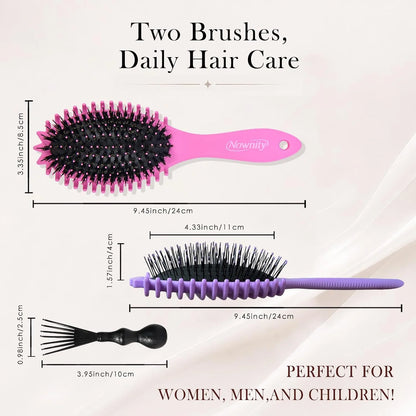 2 Pack Detangling Hair Brush Set with Boar Bristle Brush & 2 Cleaning Brushes, Wet & Dry Hair Brushes for Curly, Wavy, Thick Hair, Gentle No-Pull Detangler for Women, Kid (Pink+Purple)