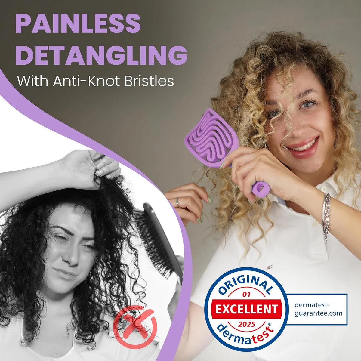 Detangler Brush – Pain-Free Detangling Hair Brush for Wet & Dry Hair – Effortless Detangling Brush for Curly, Fine & Tangled Hair – Hairbrush for Women, Men & Kids – Purple