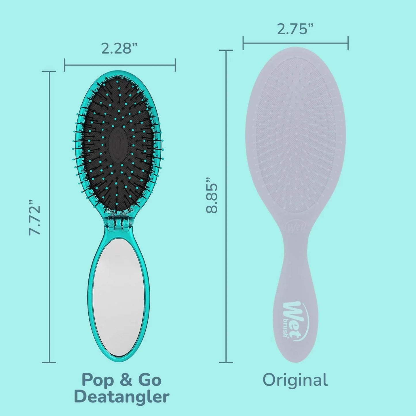 Wet Brush Pop Go Detangler, Blue Teal - Foldable, On-The-Go Design, Travel Brush, Ultrasoft IntelliFlex Bristles, Detangling Hairbrush, Built-In Mirror Handle, Wet & Dry, All Hair Types (Pack of 2)