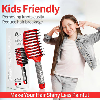 HIPPIH Boar Bristle Hair Brush Set of 2, Detangling Smoothing for Wet & Dry