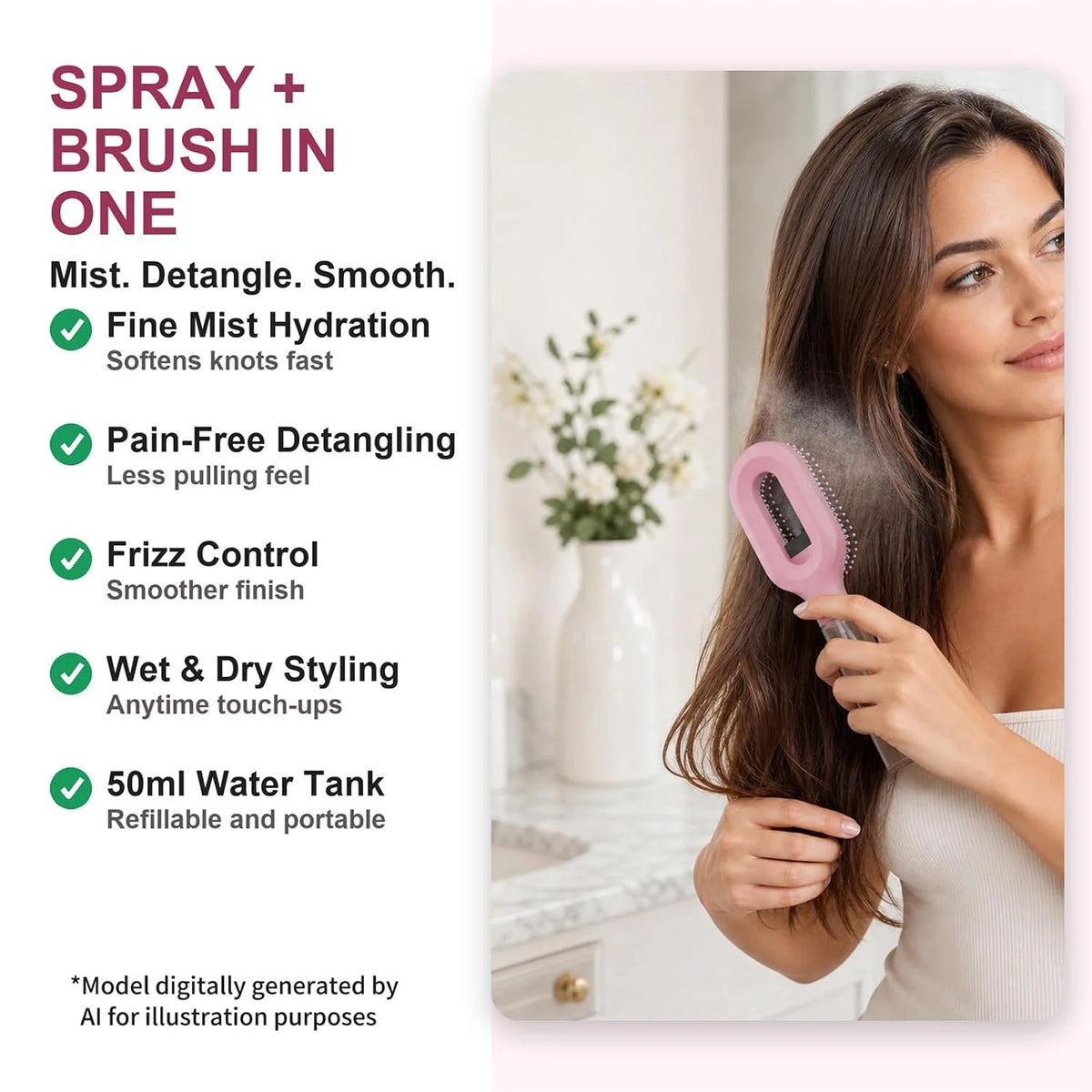 Hair Brush with Water Spray, 2-in-1 Misting Detangler for Curly Hair