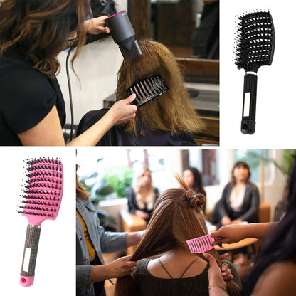 2 PACK Boar Bristle Hair Brush No Pull Curved Vented Hair Brushes Detangler Brush Fast Blow Drying Hair Brush for Kids Men Women Wet Dry Long Thin Thick Curly Tangled Hair (pink+green)