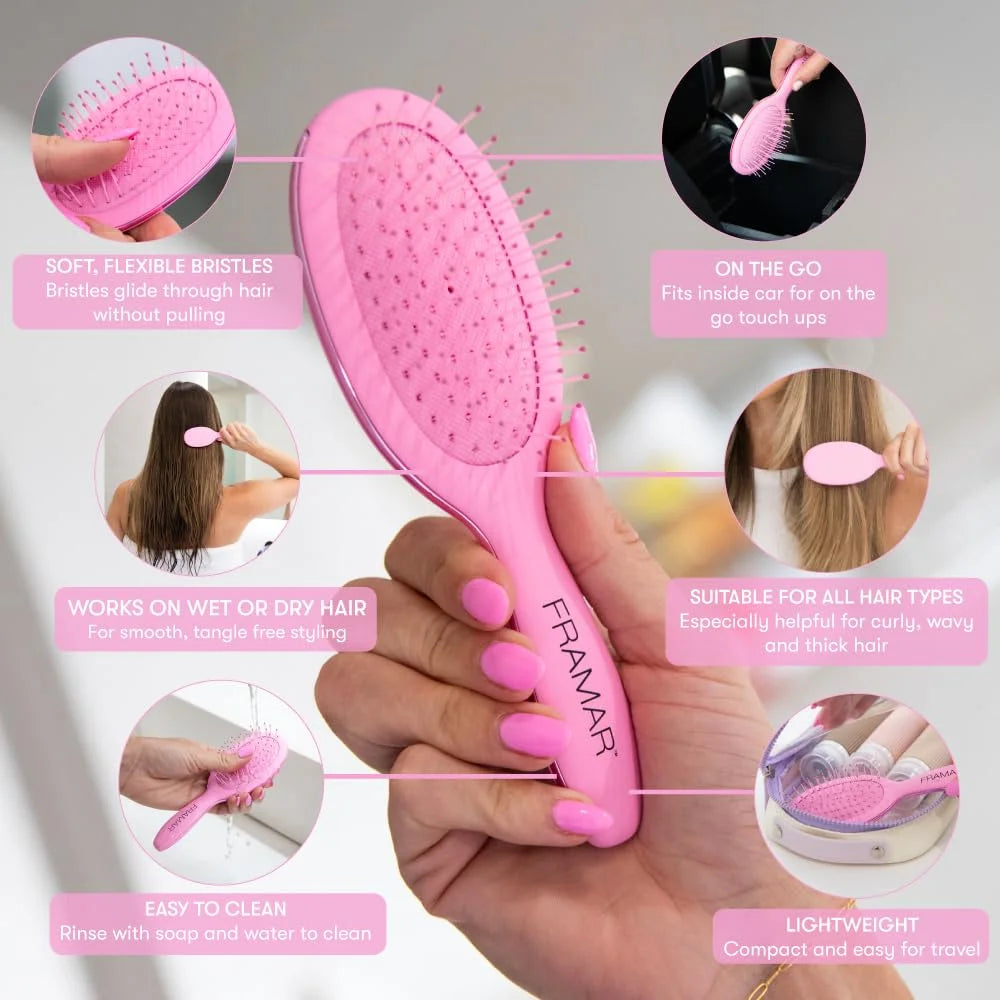 FRAMAR Checkered Hair Brush Detangler, Wet Hair Brushes For Women – Pink