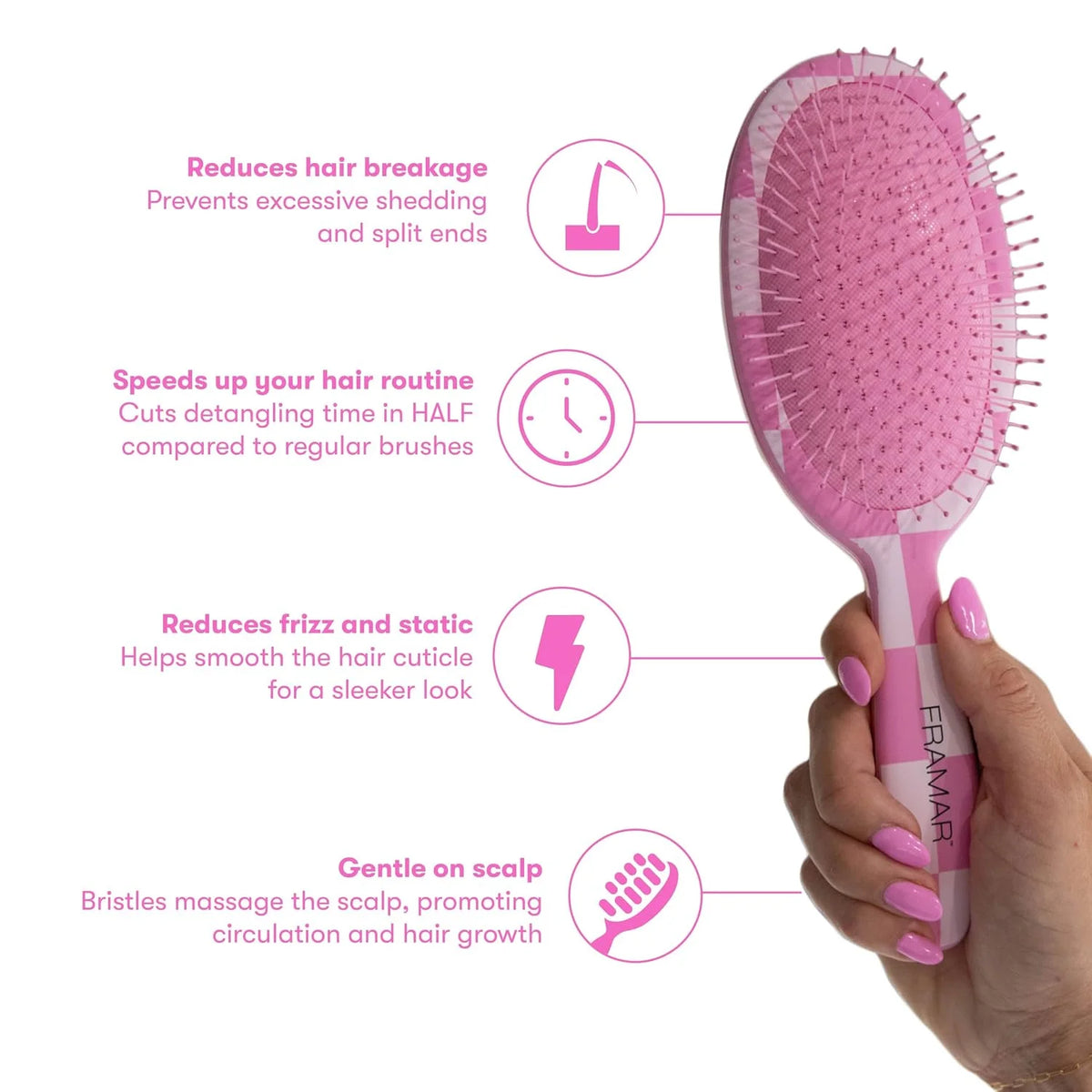 FRAMAR Checkered Hair Brush Detangler, Wet Hair Brushes For Women – Pink