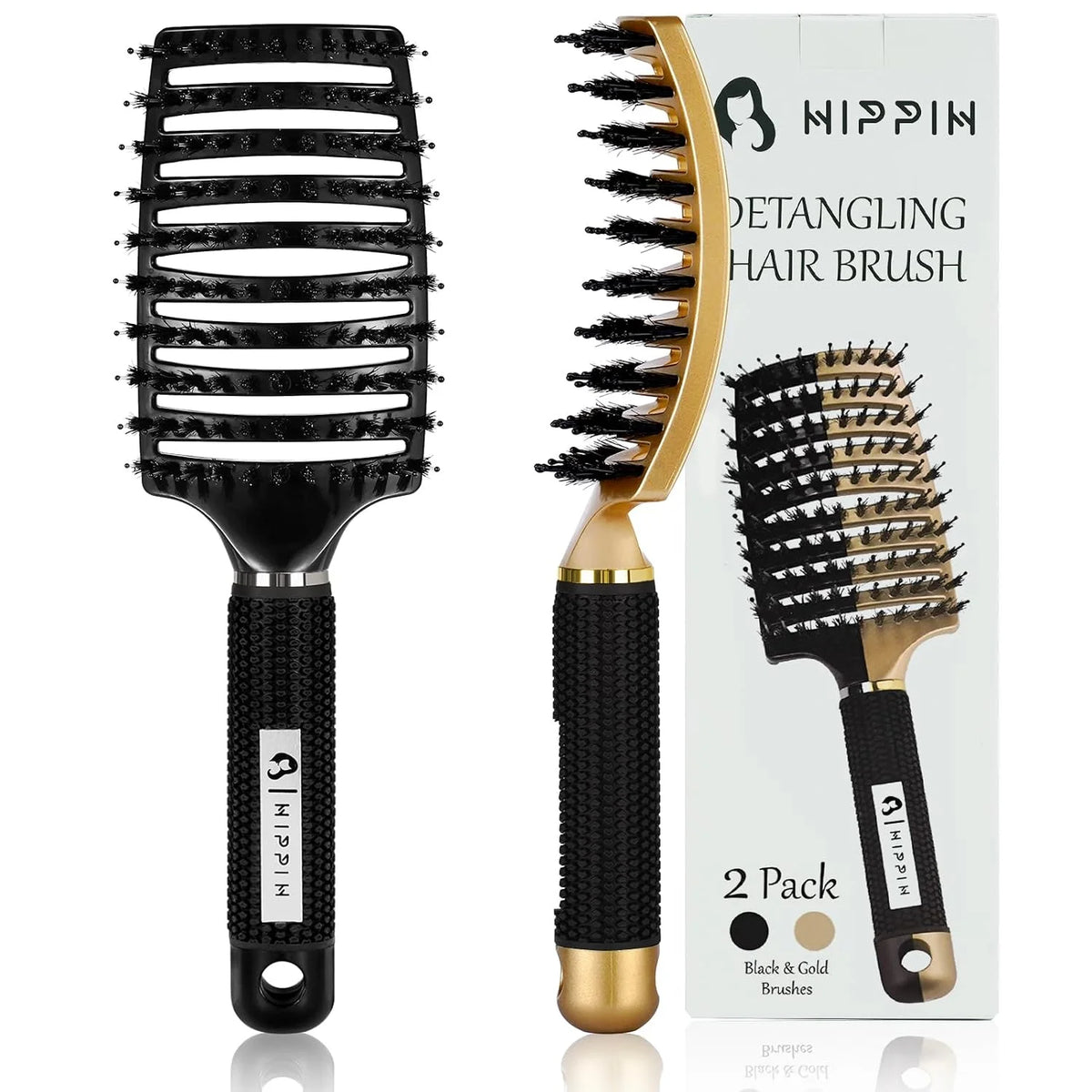 HIPPIH Boar Bristle Hair Brush Set of 2, Detangling Smoothing for Wet & Dry