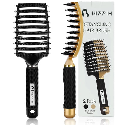 HIPPIH Boar Bristle Hair Brush Set of 2, Detangling Smoothing for Wet & Dry
