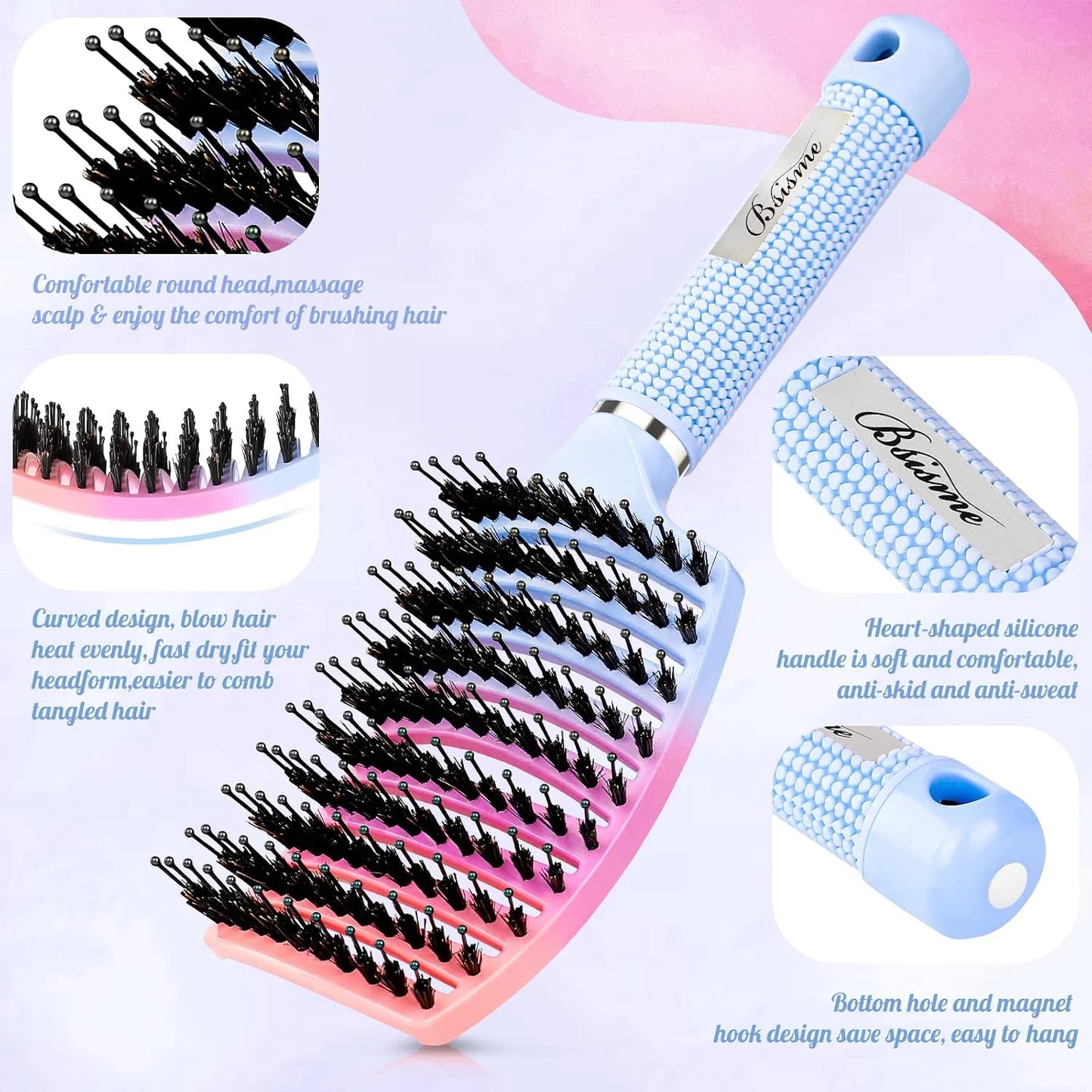 Boar Bristle Hair Brush Curved Vented Detangler Brush Faster Blow Drying, Paddle Detangling Brush for Women Men Kids Wet Dry Long Curly Thick Straight Hair, Make Hair Shiny and Healthier(Purple+Green)