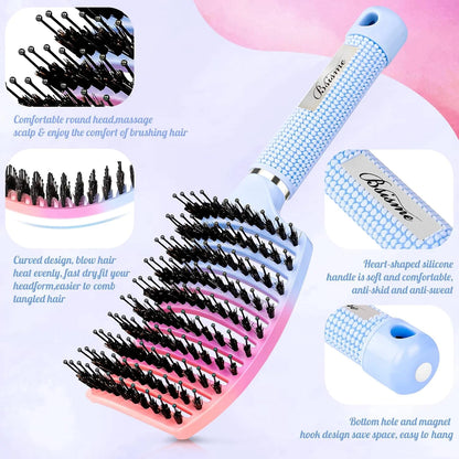 Boar Bristle Hair Brush Curved Vented Detangler Brush Faster Blow Drying, Paddle Detangling Brush for Women Men Kids Wet Dry Long Curly Thick Straight Hair, Make Hair Shiny and Healthier(Purple+Green)