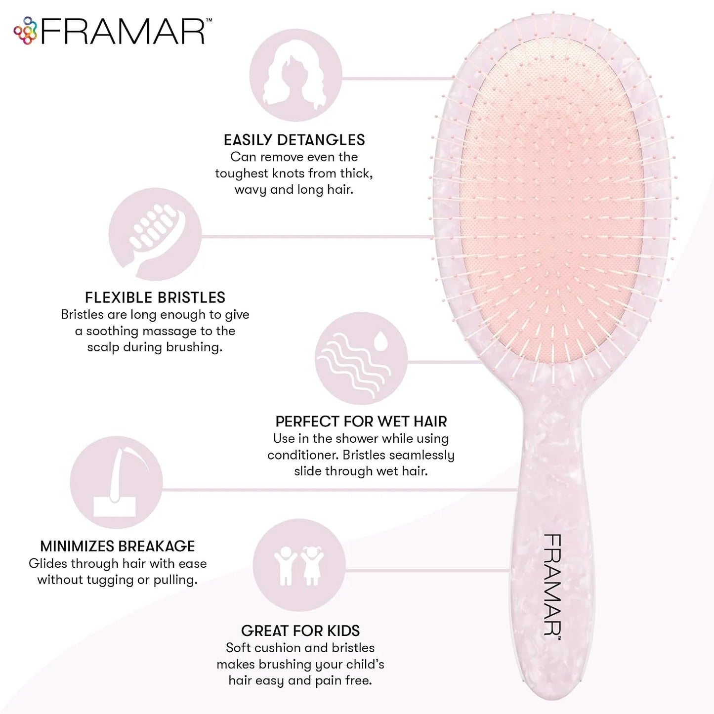 FRAMAR Checkered Hair Brush Detangler, Wet Hair Brushes For Women – Pink