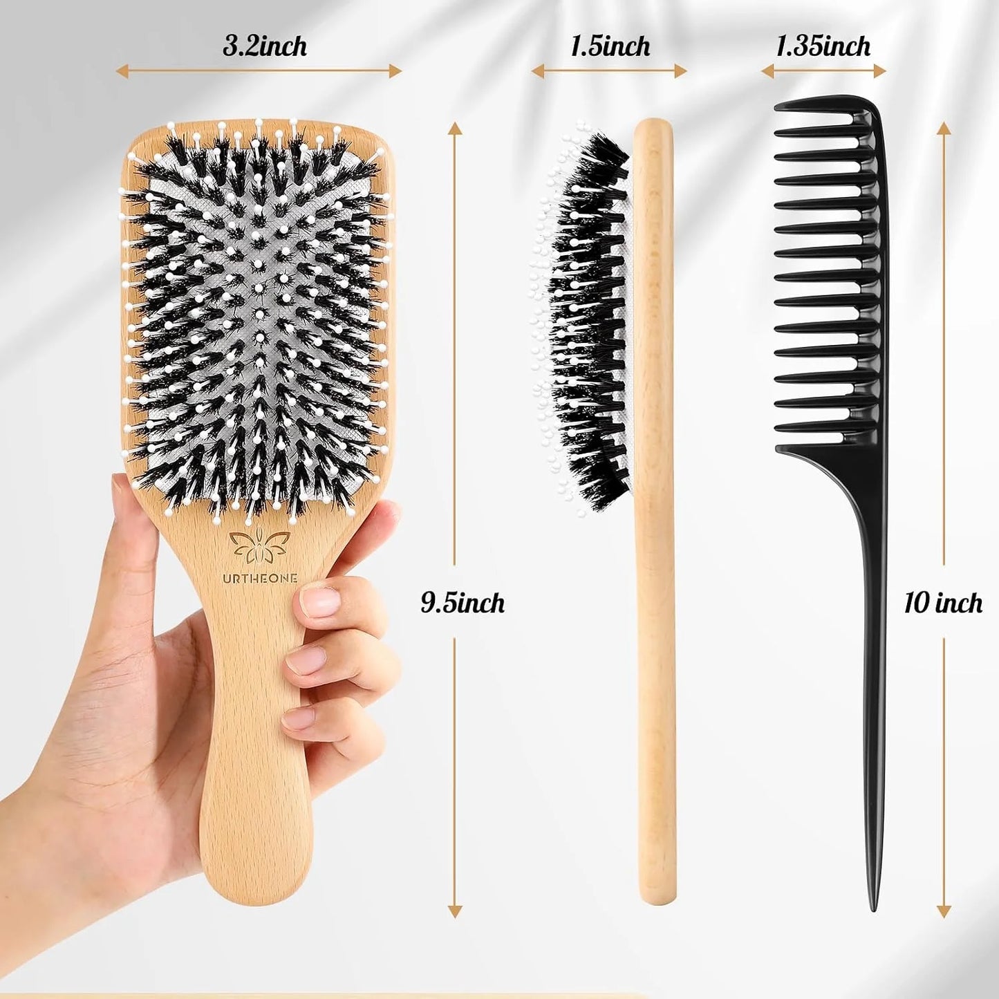 URTHEONE Hair Brush,Boar Bristle Hair Brushes and Styling Comb Set for Women Men Kids, Best Natural Wooden Paddle Hairbrush for Wet or Dry Hair Detangling Smoothing Massaging