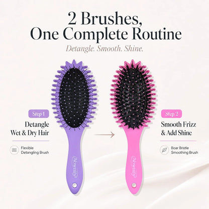 2 Pack Detangling Hair Brush Set with Boar Bristle Brush & 2 Cleaning Brushes, Wet & Dry Hair Brushes for Curly, Wavy, Thick Hair, Gentle No-Pull Detangler for Women, Kid (Pink+Purple)