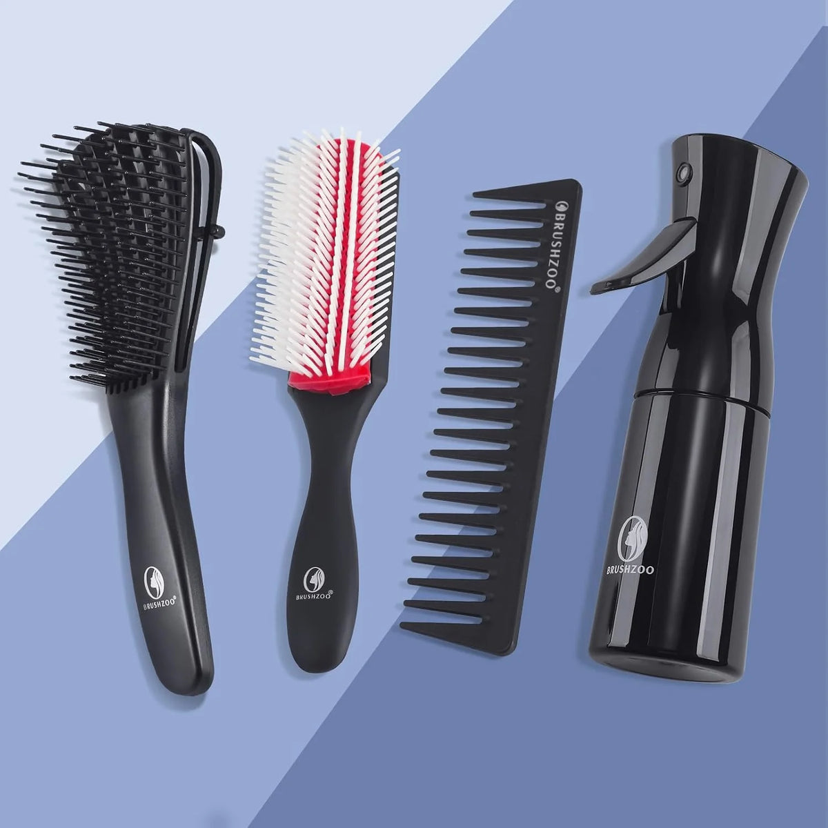 BRUSHZOO Detangling Brush with Hair Spray Bottle, Wide Tooth Comb for Women, Men, and Kids - 9 Row Brush with Detangler for Natural 3/4abc Curly Hair