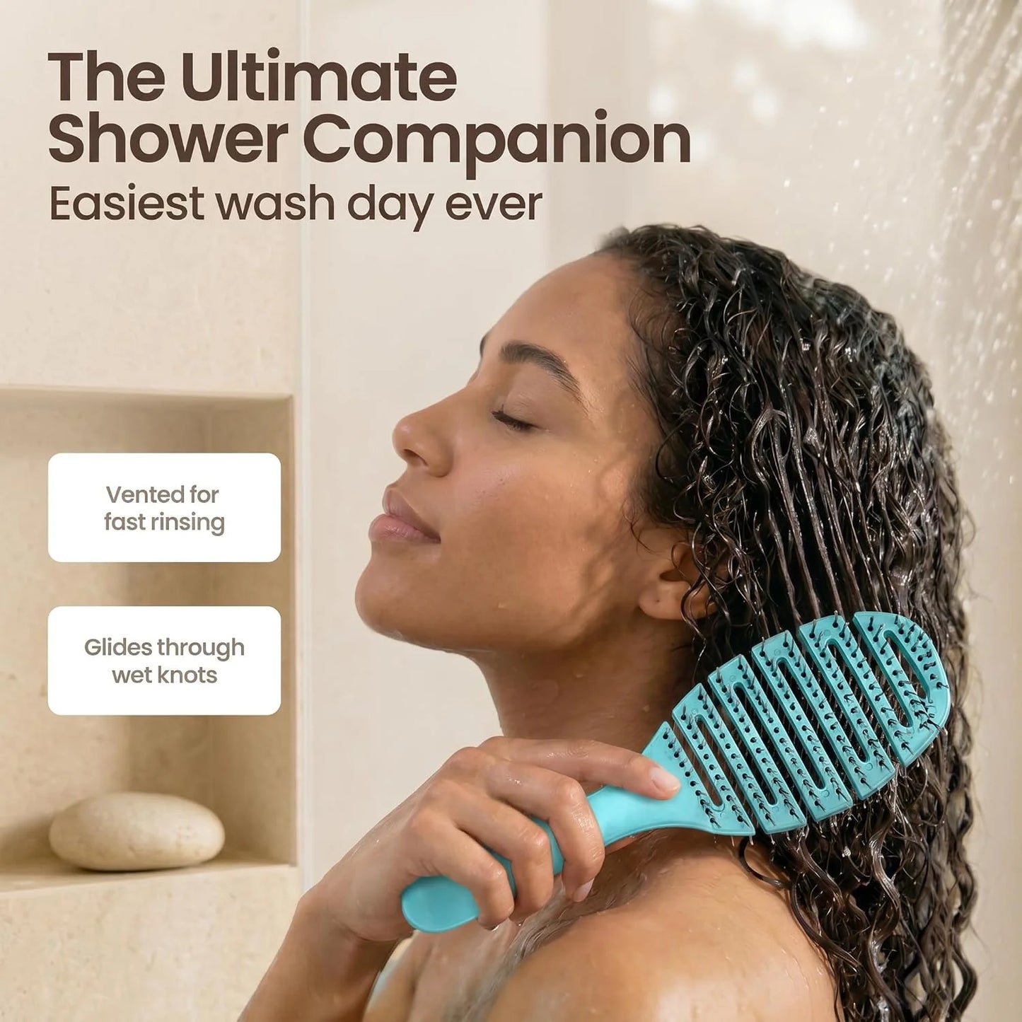 Earth & I Pain-Free Flex Detangler: Wet/Dry Curly Hair Brush, Teal Blue