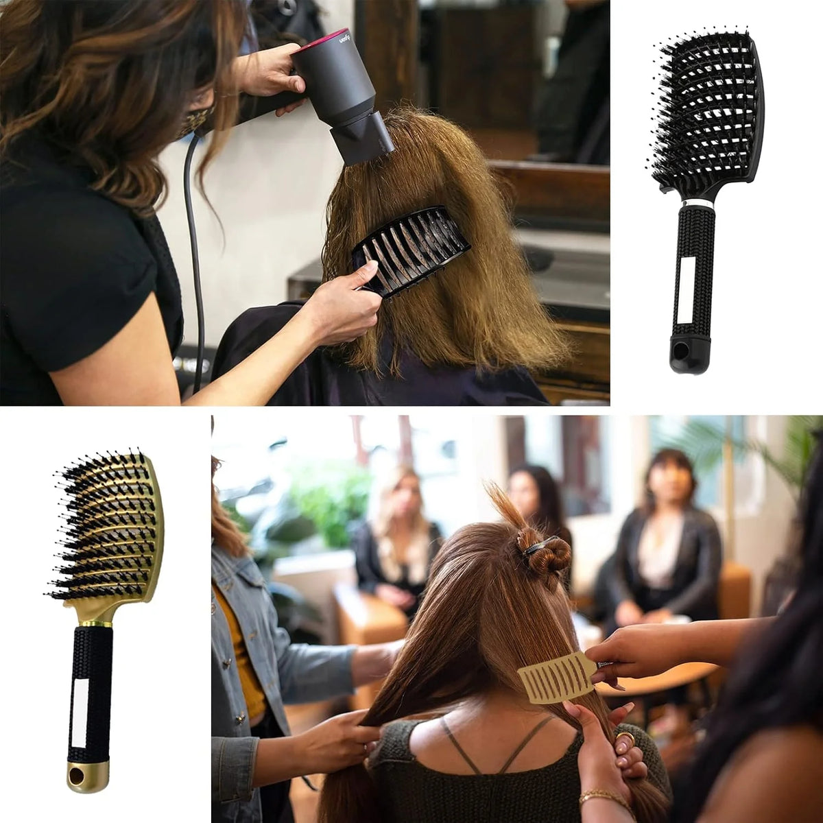 2 PACK Boar Bristle Hair Brush No Pull Curved Vented Hair Brushes Detangler Brush Fast Blow Drying Hair Brush for Kids Men Women Wet Dry Long Thin Thick Curly Tangled Hair (pink+green)