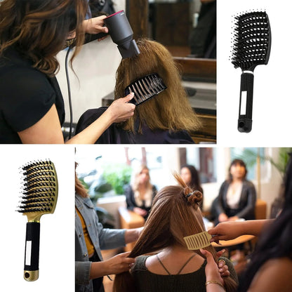 2 PACK Boar Bristle Hair Brush No Pull Curved Vented Hair Brushes Detangler Brush Fast Blow Drying Hair Brush for Kids Men Women Wet Dry Long Thin Thick Curly Tangled Hair (pink+green)