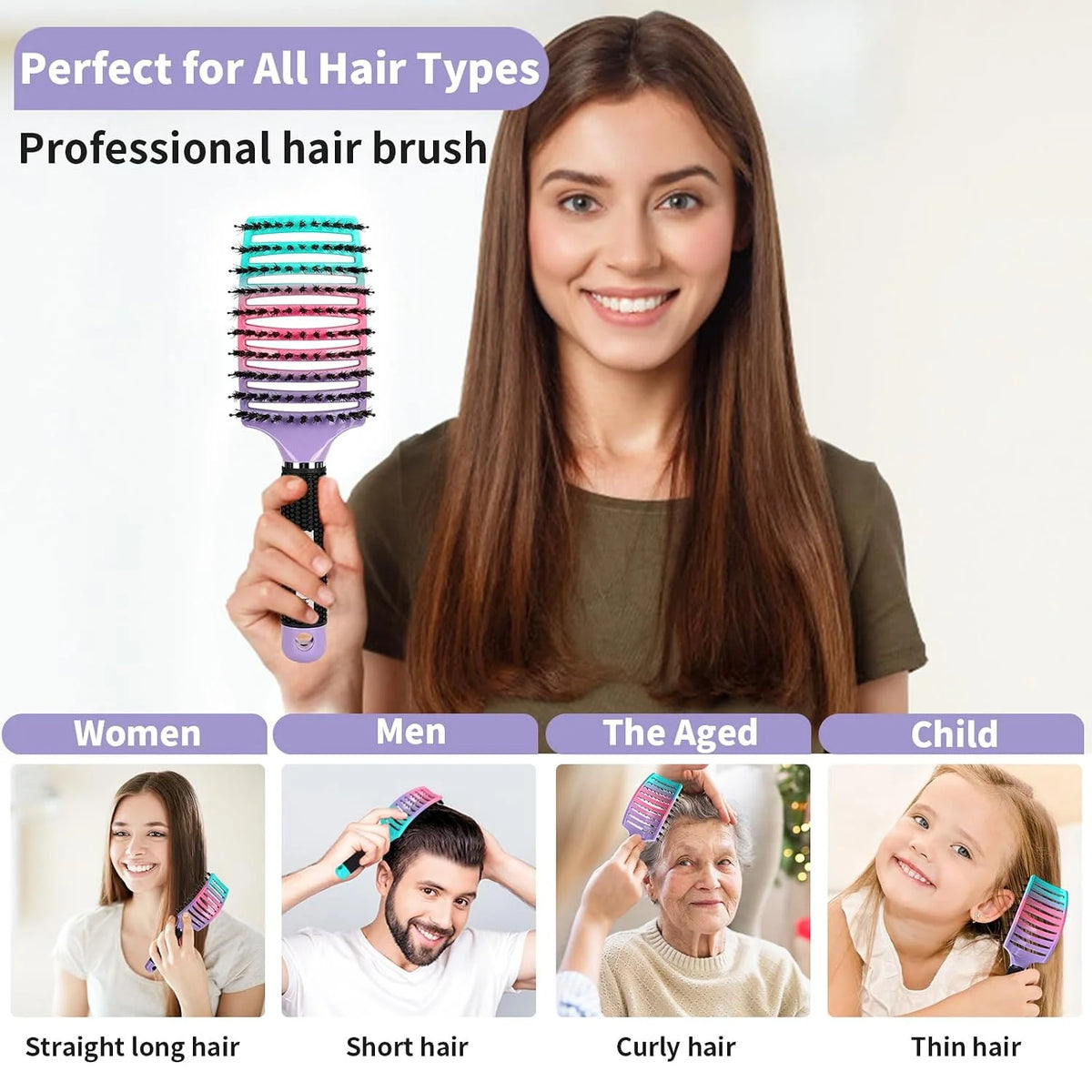 HIPPIH Boar Bristle Hair Brush Set of 2, Detangling Smoothing for Wet & Dry