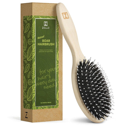 Natural Boar Bristle Hair Brush for Women, Men, Kids; Dry and Wet Detangling Hair Brush Gently Enhances Shine, Smooths Frizz and Prevents Breakage in Fine and Straight, Thick and Curly Hair (oval)